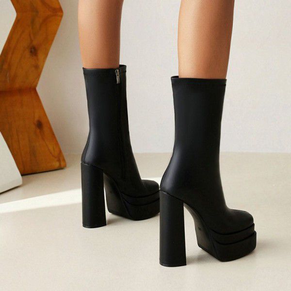 New style thick heeled waterproof platform fashion women's boots with patent leather square toe short boots 