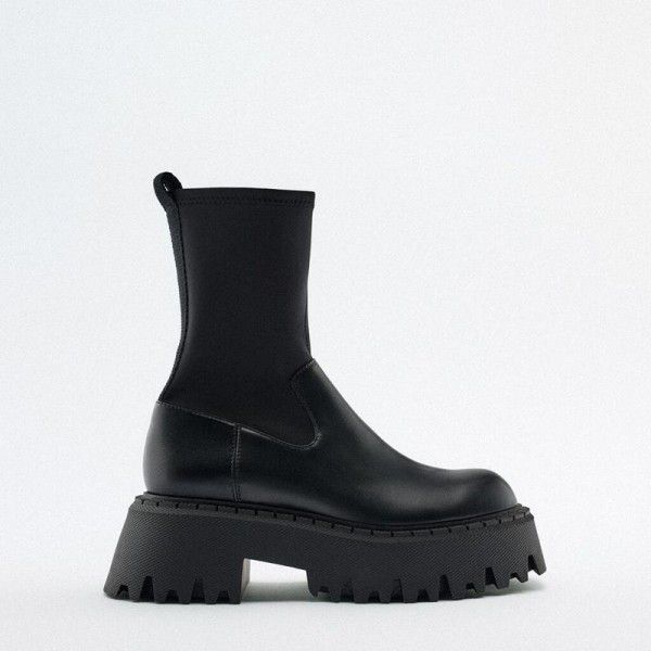 Autumn and Winter New Women's Boots Black Side Zipper Thick Sole Heightened Dark Slim Elastic Mid Sleeve Martin Boots 