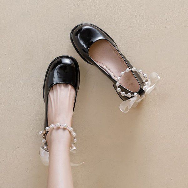 French round toe straight line high heels, thick heel shoes, fairy style pearl Mary Jane women's shoes, spring and autumn style for women 
