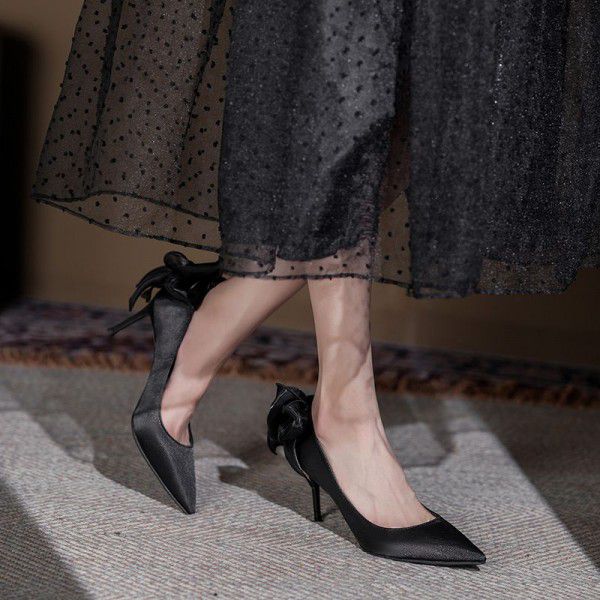 Spring New Pointed High Heels Slim Heel Shallow Bow Fashion Silk Satin Single Shoes Wedding Shoes 