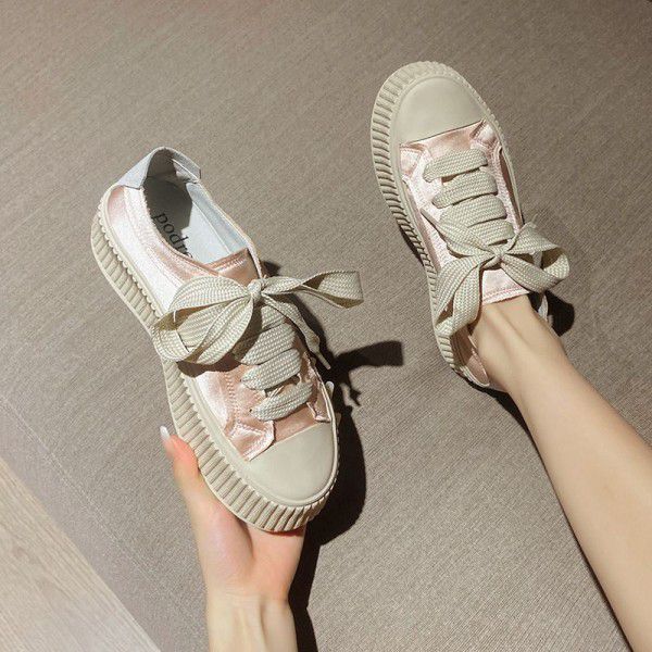 Little White Shoes Women's Thick Sole Casual Elevated Biscuit Shoes Lace up Canvas Single Shoes 