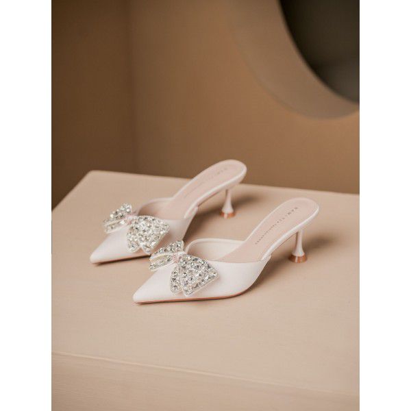 Advanced High Heel Baotou Half Slippers Women's Sandals New Style Pointed Thin Heel Bow 