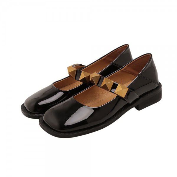 New Cowhide Square Head Single Shoes for Women's Spring and Autumn Retro Genuine Leather Riveted Small Leather Shoes for Women's French JK Mary Jane Women's Shoes 