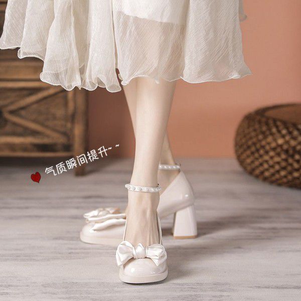 Mary Jane Shoes Women's Spring and Autumn French Girls' High Heels Versatile Thick Heel Shoes Temperament Celebrity Bridesmaid Shoes 