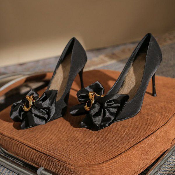 Pointed High Heels Women's New Versatile Celebrity Girls' Black Satin Thin Heels Shallow Mouth Banquet Shoes 