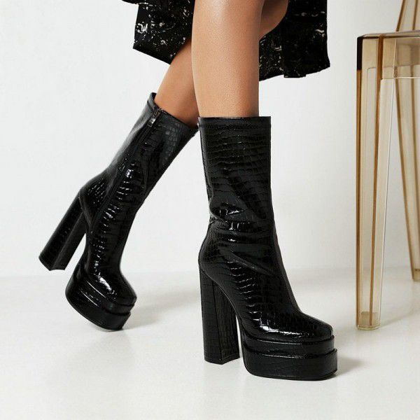 New style thick heeled waterproof platform fashion women's boots with patent leather square toe short boots 