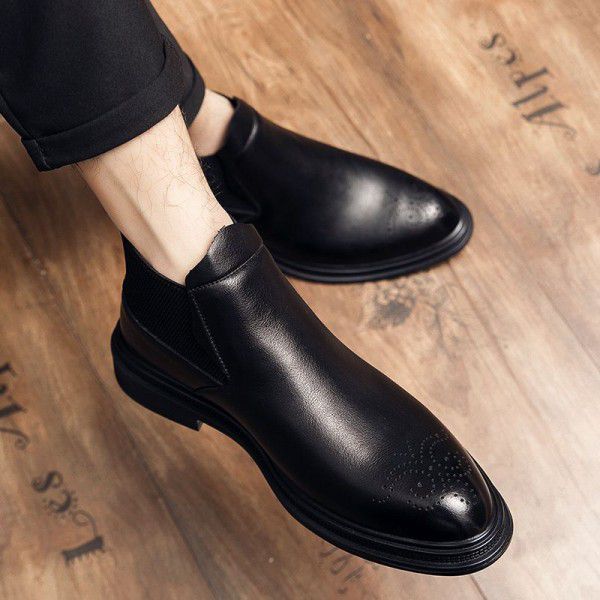 Leather boots men's shoes Spring and autumn new mid top leather shoes Chelsea boot foot covering men's short boots leather men's boots 
