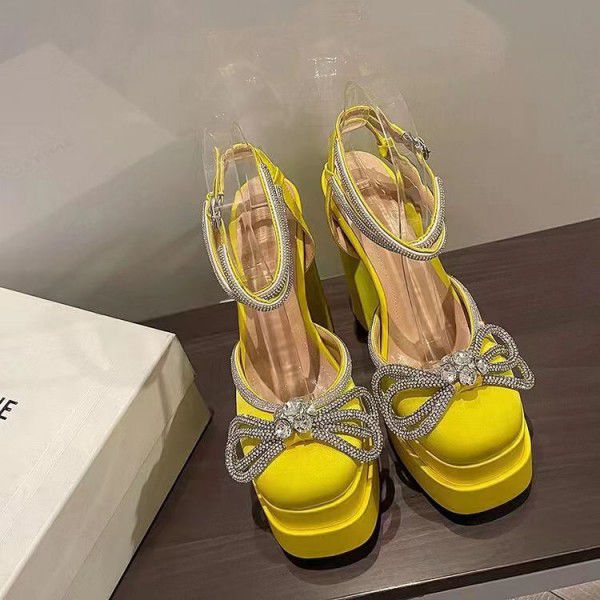 New Water Diamond Bow Double Waterproof Platform High Heel Thick Heel Women's Fashion Single Shoe 