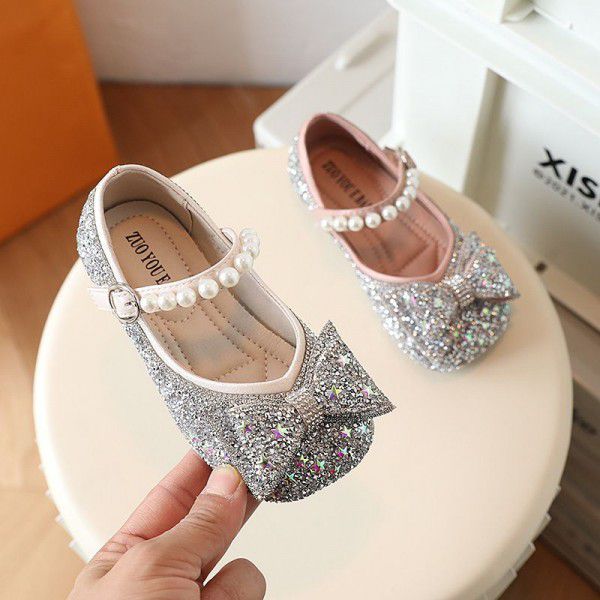 Girls' Princess Shoes Spring New Fashion Bow Rhinestone Leather Shoes Soft Sole Little Girl Baby Single Shoe Trend 