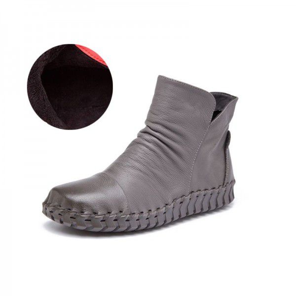 Autumn New Genuine Leather Short Boots Casual Flat Bottom Versatile Round Head Leather Boots 