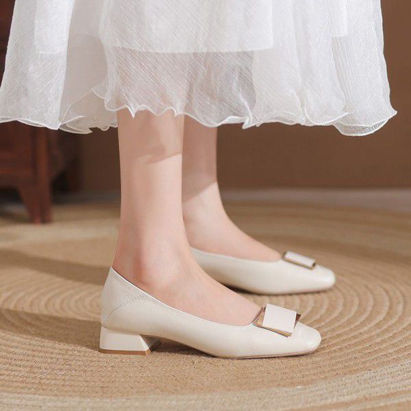 New square toe thick heel genuine leather single shoes for women's OL professional work shoes, high heels, sheepskin shallow mouth women's shoes 