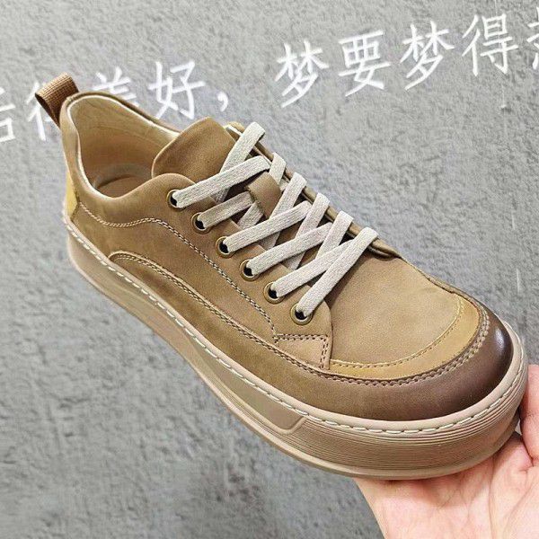 Men's Shoes Spring New Top Layer Cowhide Thick Sole Sewn Soft Sole Fashion Brand Genuine Leather Small White Casual Board Shoes for Men 