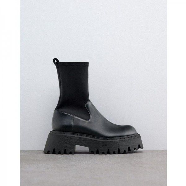 Autumn and Winter New Women's Boots Black Side Zipper Thick Sole Heightened Dark Slim Elastic Mid Sleeve Martin Boots 