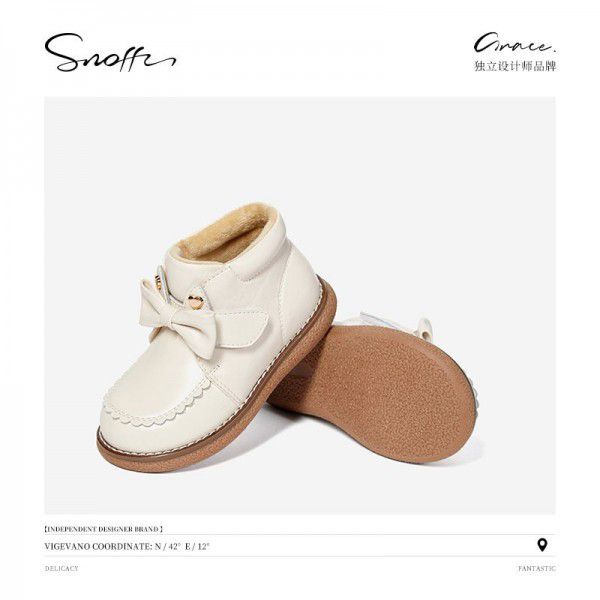 New Girls' Leather Boots Baby Single Boots Princess Genuine Leather Plush Shoes Children's Cotton Boots Girl 