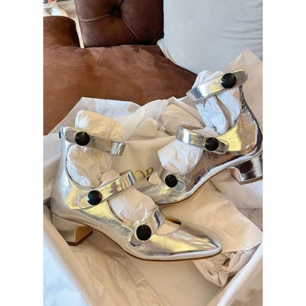 French Vintage Mary Jane Shoes Female Spring and Summer Square Head Shallow Mouth High Top Single Shoe Buckle Strap Thick Heel Small Leather Shoes Female 