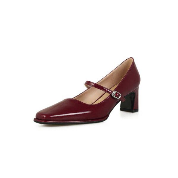 Summer New Square Head High Heels Women's Shallow Mouth Single Shoes Thick Heels Mary Jane Shoes Wine Red Cowhide Shoes 