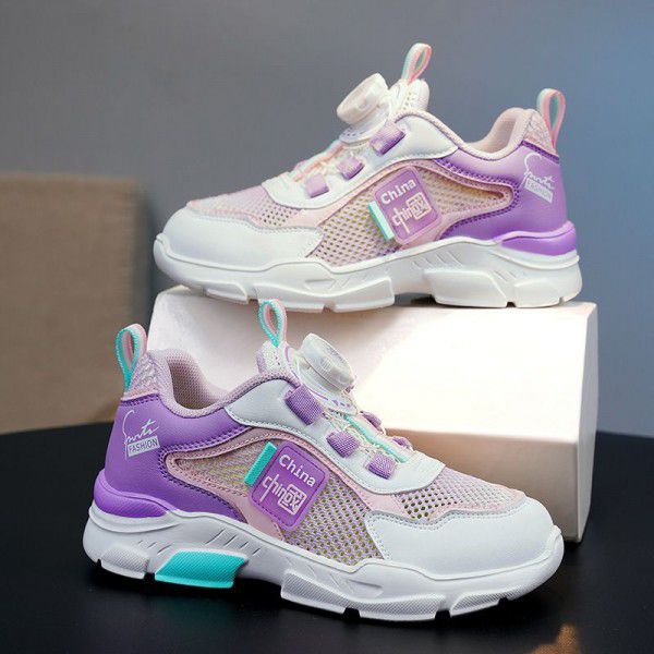 Boys' shoes, sports shoes, rotating buttons, new summer mesh breathable single mesh hollowed out children's mesh shoe trend 