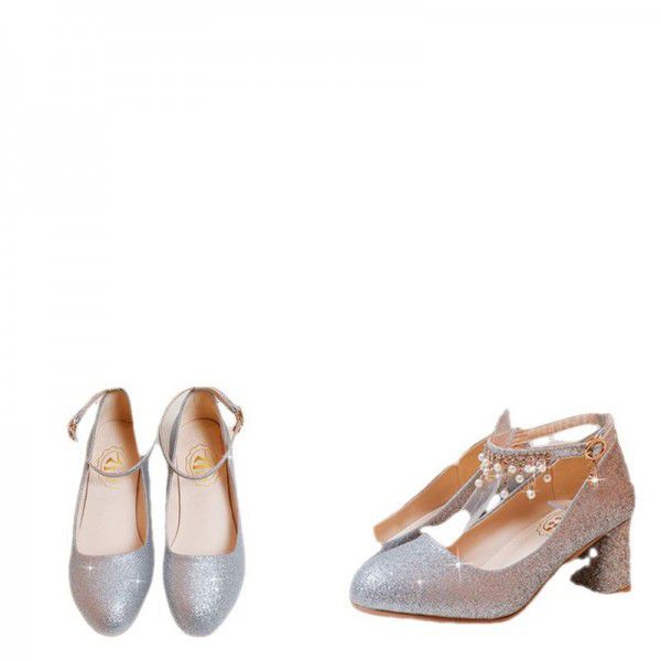 Silver single shoe women's dress with round toe high heels 