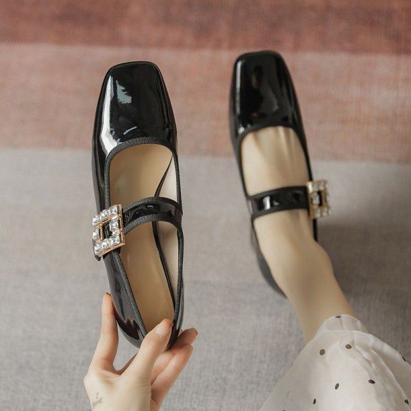 Square head retro French leather shoes leather rhinestone square button Ballet flat women's single shoes Mary Zhen shoes autumn 