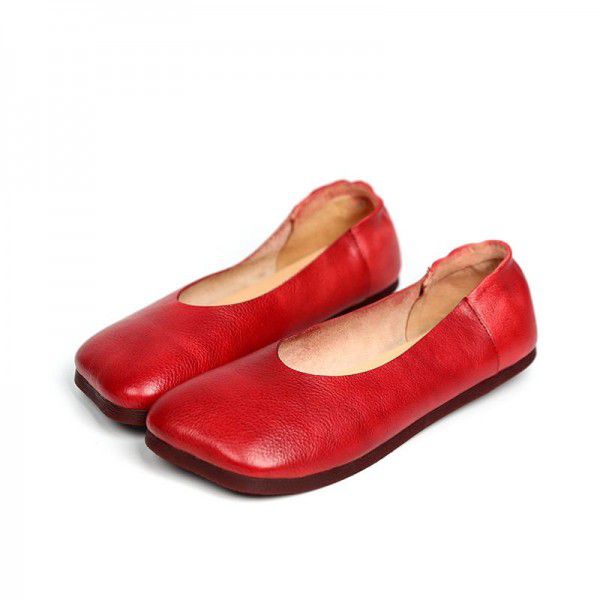 Cowhide square toe soft sole flat heel retro casual women's single shoe genuine leather women's shoes new spring and summer styles 