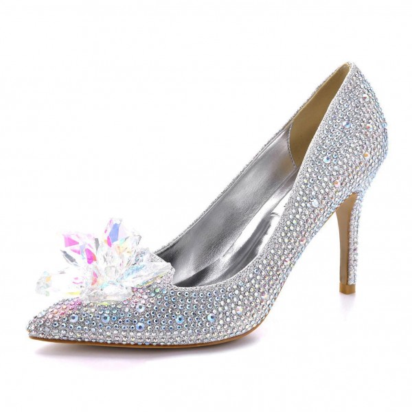 Crystal Shoes Pointed Thin Heels Sexy Shallow Mouth Women's High Heels Women's Silver Rhinestone Wedding Shoes 