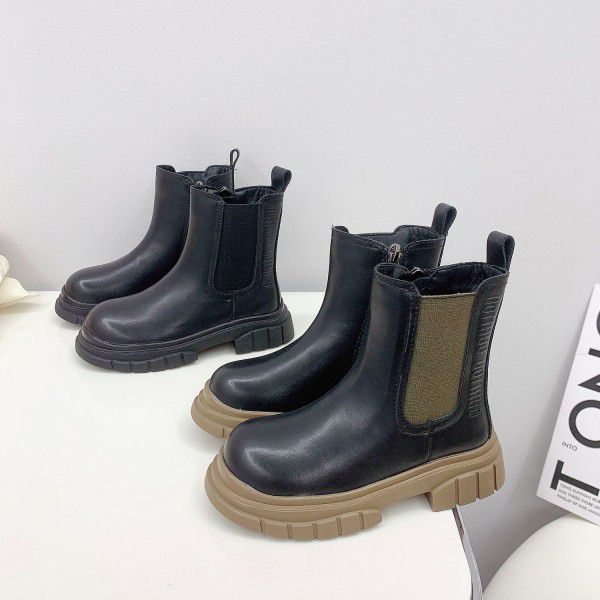 Girls' Martin Boots Winter New Children's Shoes Children's Velvet Warm Cowhide Short Boots Little Girls' Smoke Pipe Boots 