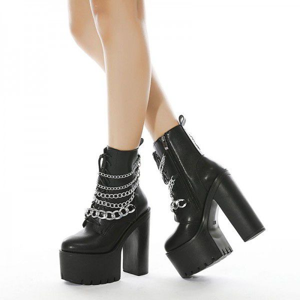 Winter High Heel Waterproof Platform Nightclub Foreign Trade Hot selling Martin Boots British Mid tube Boots Chain Lace Motorcycle Boots 