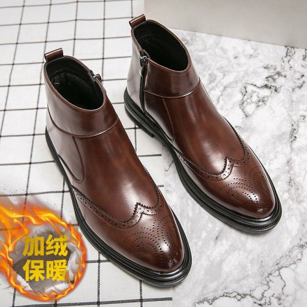 High top leather shoes, autumn and winter new vintage carved men's boots, block English high top shoes, Chelsea Martin boots 