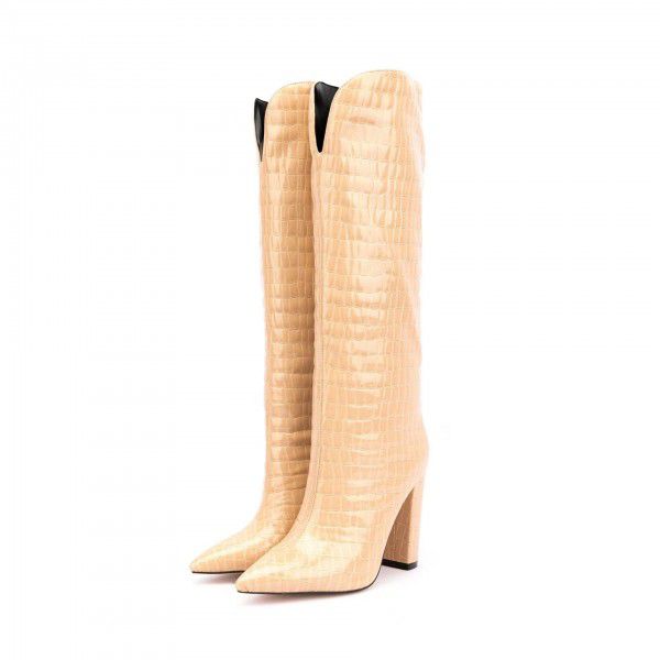 New black pointed thick heeled high boots, pink sleeve large boots 