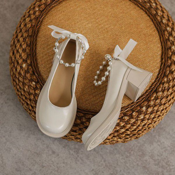 Early Spring New White Mary Jane Single Shoes, Feminine Style, Versatile Pearl Buckle, Thick Heels, Shallow Mouth, High Heels, Female 