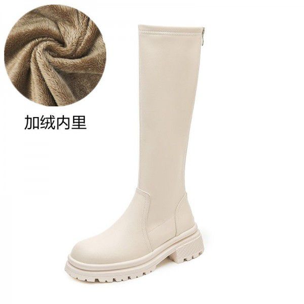 Plush autumn and winter new women's boots with thick heels, thick soles, and high sleeves, chivalrous boots that are below the knee and appear slim in English style, women's boots 