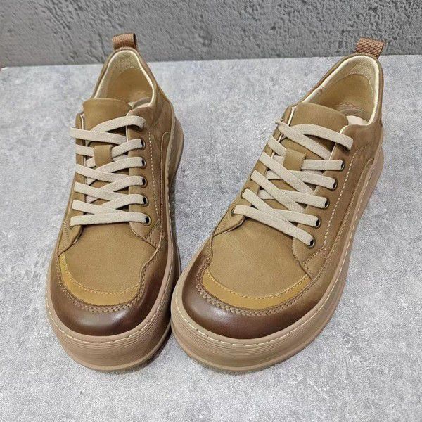 Men's Shoes Spring New Top Layer Cowhide Thick Sole Sewn Soft Sole Fashion Brand Genuine Leather Small White Casual Board Shoes for Men 