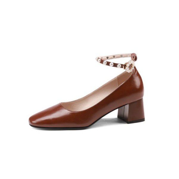 Spring and Autumn New Korean Version Round Toe Button Pearl Thick Heel Single Shoes Women's Shallow Mouth Buckle Middle Heel Shoes and Skirts 
