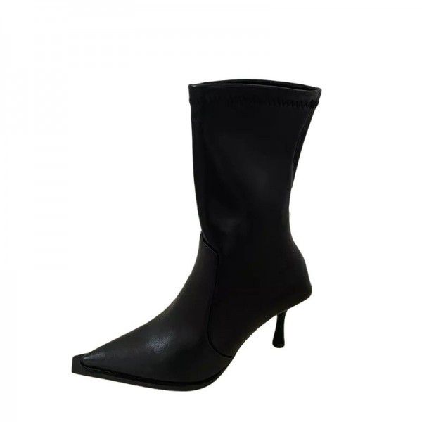 New High Heel Short Sleeve runway Boots Pointed toe Thin Heel Women's Shoes and Boots Elastic Soft Leather Fashion Boots for Women 