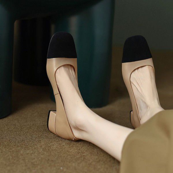 Commuter black apricot classic color matching square toe flat sole single shoe cow leather flat sole women's single shoe new spring and autumn styles 