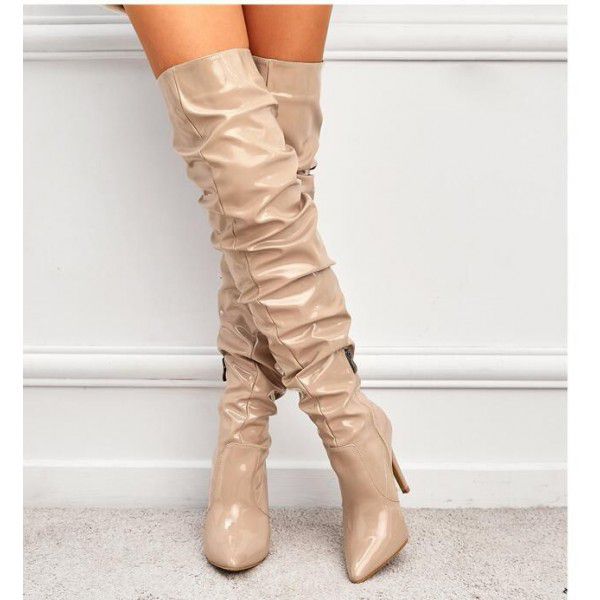 Spring knee length boots autumn new European and American pointed patent leather high barrel black zipper thin heel high heeled women's boots 