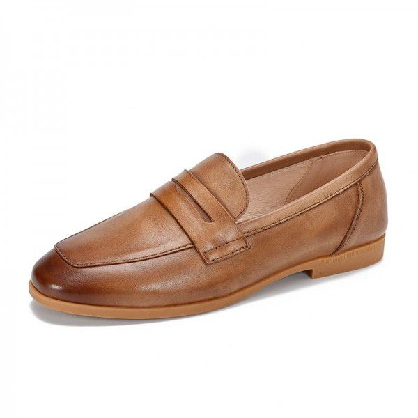 Single women's flat Slip-on shoe square head versatile leather women's shoes 