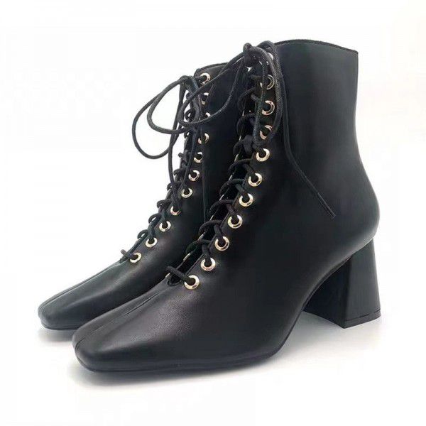 New Women's Shoes Camel Brown British Bull Leather High Heel Thick Heel Martin Short Boots New Lace up Women's Boots 