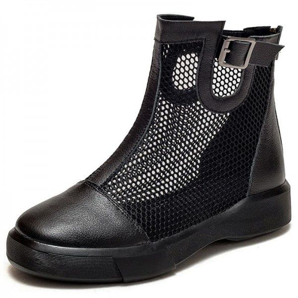 New top layer cowhide mesh women's casual short boots Summer hollow out casual cowhide single shoe mesh boots 