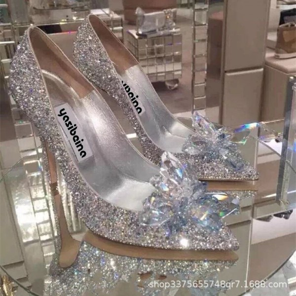 Crystal Shoes Pointed Thin Heels Sexy Shallow Mouth Women's High Heels Women's Silver Rhinestone Wedding Shoes 