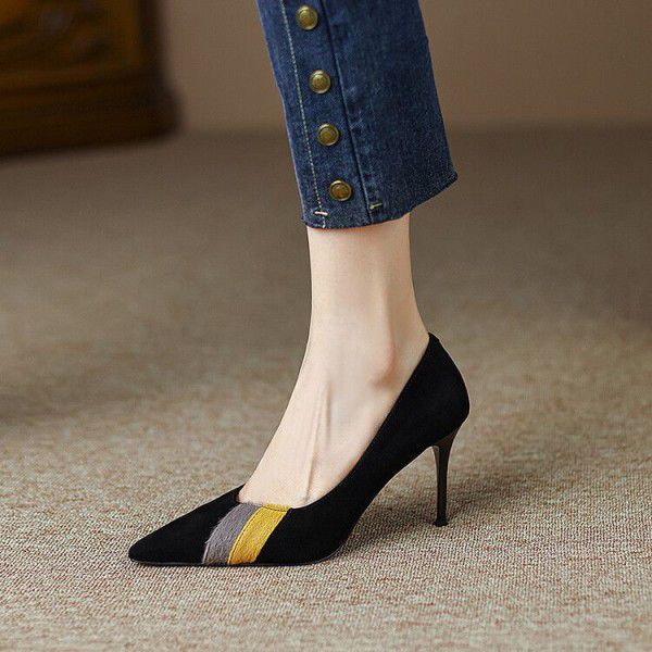Autumn New Single Shoes Female Commuter Comfortable High Heels Pointed High Heels Shallow Heels Colored Fashion Single Shoes Female 