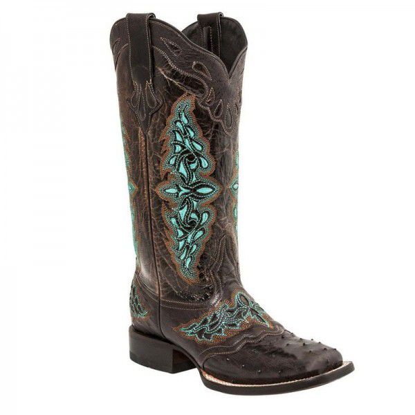 Women's boots, autumn and winter new leather boots, square toe thick heels, colorful patterned knight boots 