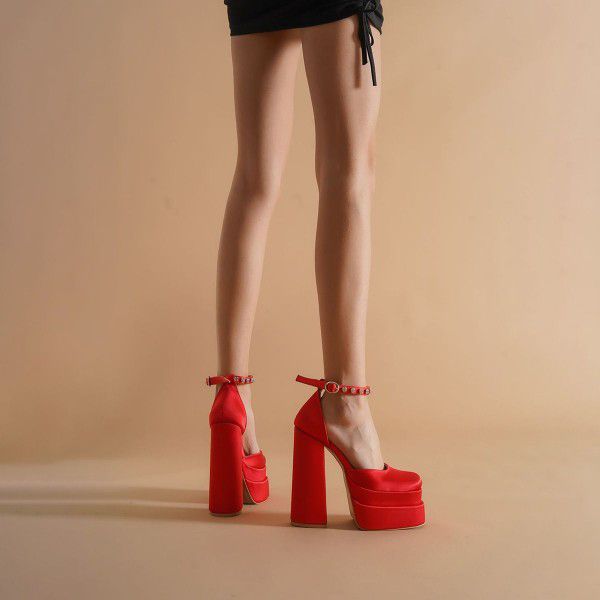 New thick high heels, candy colored single shoes, thick soled women's shoes 