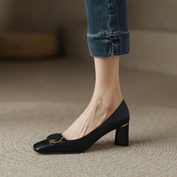 Sheepskin high heels, thick heels, square toe, cow tendon soles, commuting women's single shoes 