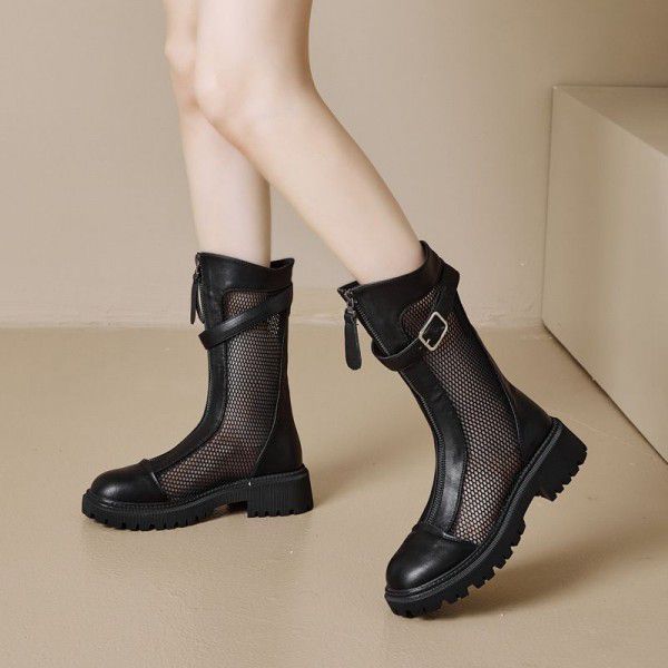 Boots Children Summer New Women's Shoes Hollow Breathable Mesh Boots Front Zipper Cool Boots Popular Mid Sleeve Martin Boots 
