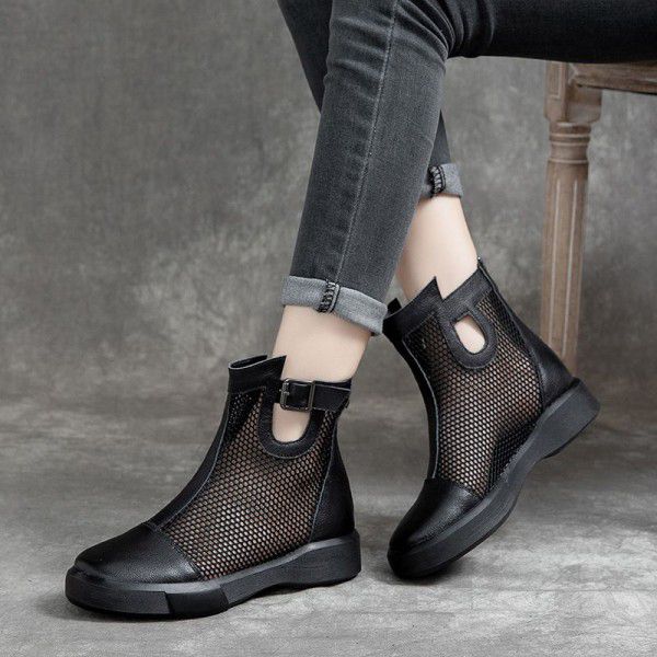 New top layer cowhide mesh women's casual short boots Summer hollow out casual cowhide single shoe mesh boots 