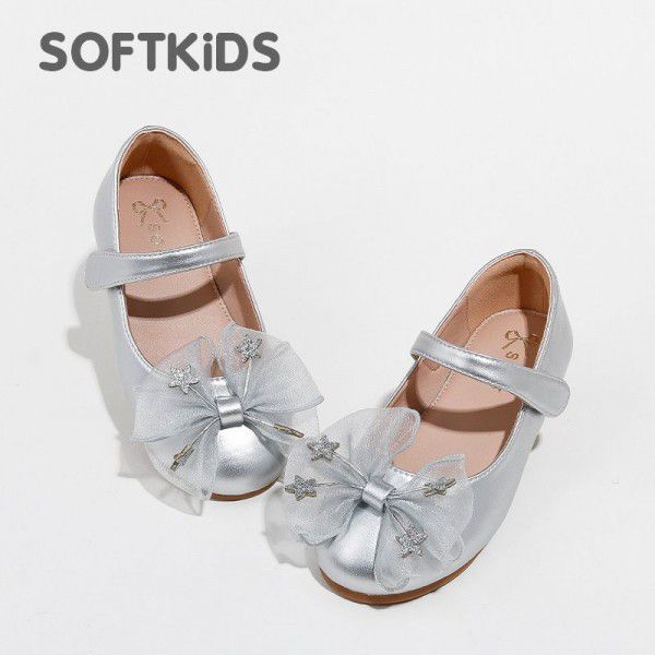 Girls' Bowknot Spring New Single Shoe Soft Sole Middle Big Children's Princess Shoes Velcro Children's Shoes 