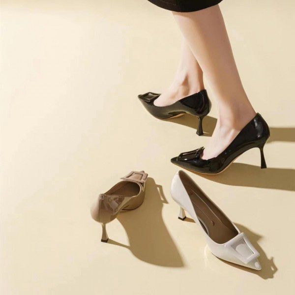 Soft leather pointed thin heels, fashionable high heels, women's spring and summer new Korean version square buckle shallow mouth non grinding sole shoes 