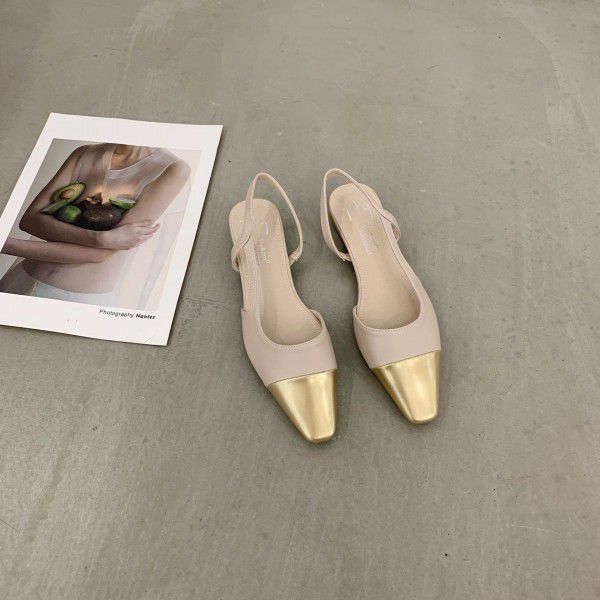 French low heeled small fragrant style baotou sandals for women's shoes, new spring and summer gold square toe 