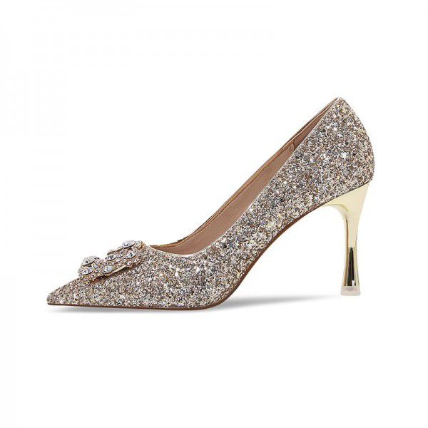 New Summer Crystal High Heels Wedding Shoes Black Professional Work Shoes Formal Water Diamond Square Button Women's Single Shoes 